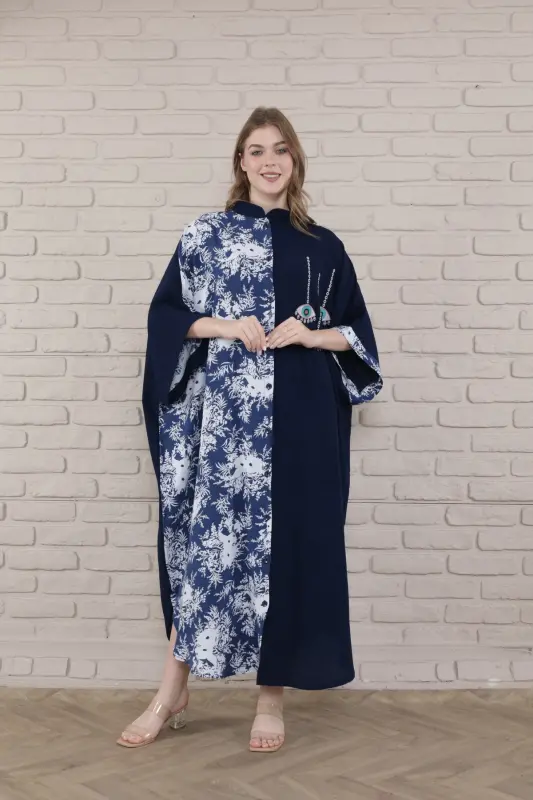 Kadın Siyah Büyük Beden Hakim Yaka Dokuma Elbise-mavi - 1