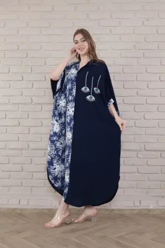 Kadın Siyah Büyük Beden Hakim Yaka Dokuma Elbise-mavi - 3