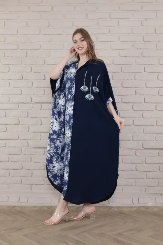 Kadın Siyah Büyük Beden Hakim Yaka Dokuma Elbise-mavi - 3