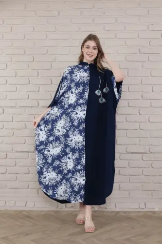 Kadın Siyah Büyük Beden Hakim Yaka Dokuma Elbise-mavi - 4