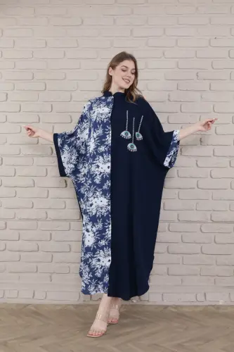 Kadın Siyah Büyük Beden Hakim Yaka Dokuma Elbise-mavi - 5