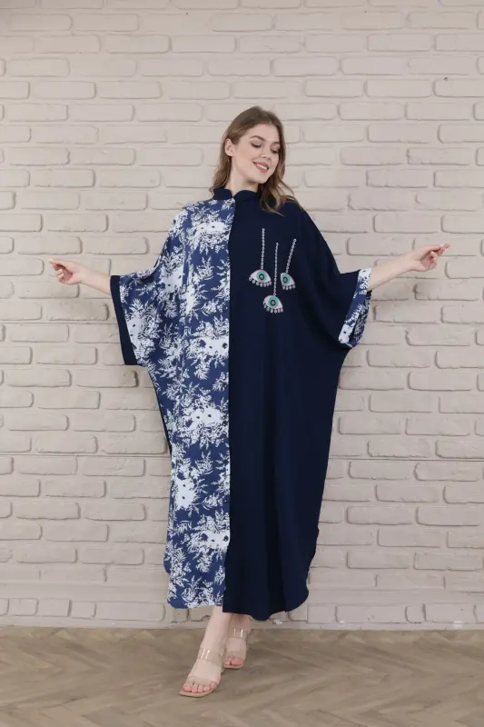 Kadın Siyah Büyük Beden Hakim Yaka Dokuma Elbise-mavi - 5