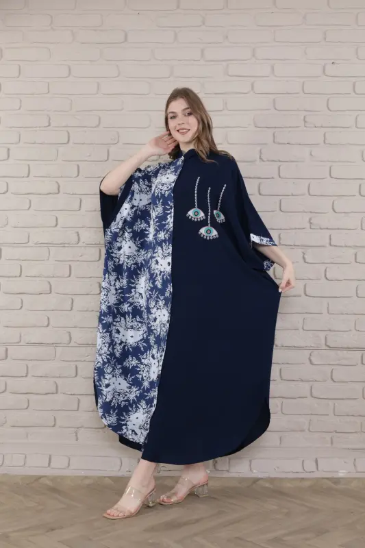 Kadın Siyah Büyük Beden Hakim Yaka Dokuma Elbise-mavi - 6