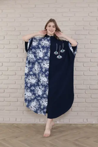 Kadın Siyah Büyük Beden Hakim Yaka Dokuma Elbise-mavi - 7