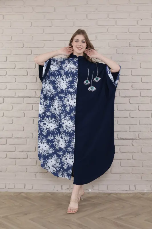 Kadın Siyah Büyük Beden Hakim Yaka Dokuma Elbise-mavi - 7