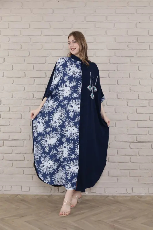 Kadın Siyah Büyük Beden Hakim Yaka Dokuma Elbise-mavi - 8