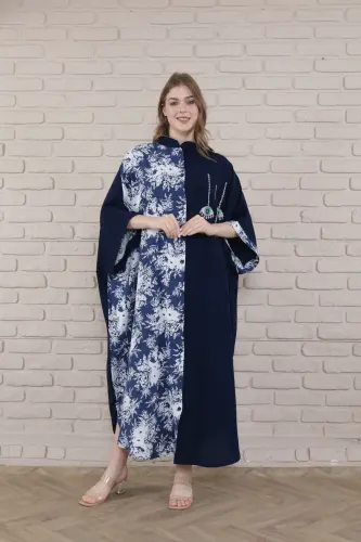 Kadın Siyah Büyük Beden Hakim Yaka Dokuma Elbise-mavi 