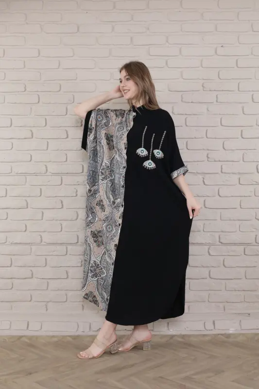 Kadın Siyah Büyük Beden Hakim Yaka Dokuma Elbise - vizon - MERVEMODA