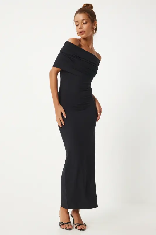 Kadın Siyah Carmen Yaka Saran Örme Elbise FN03266-Siyah - HAPPINESS İSTANBUL