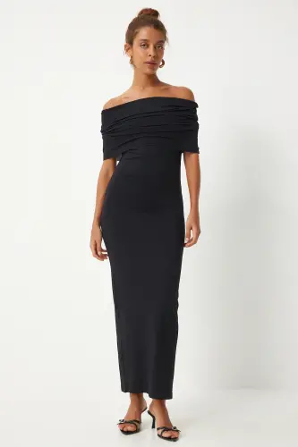 Kadın Siyah Carmen Yaka Saran Örme Elbise FN03266-Siyah - HAPPINESS İSTANBUL (1)