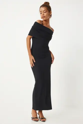 Kadın Siyah Carmen Yaka Saran Örme Elbise FN03266-Siyah - 1