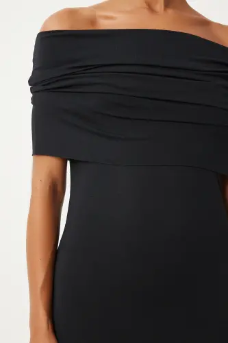 Kadın Siyah Carmen Yaka Saran Örme Elbise FN03266-Siyah - 3