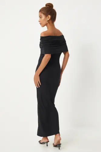 Kadın Siyah Carmen Yaka Saran Örme Elbise FN03266-Siyah - 4