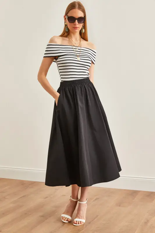 Kadın Siyah Cepli Beli Lastikli Midi Dokuma Çan Etek ETK-19000271-Siyah - OLALOOK