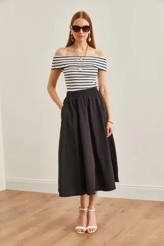 Kadın Siyah Cepli Beli Lastikli Midi Dokuma Çan Etek ETK-19000271-Siyah - OLALOOK (1)