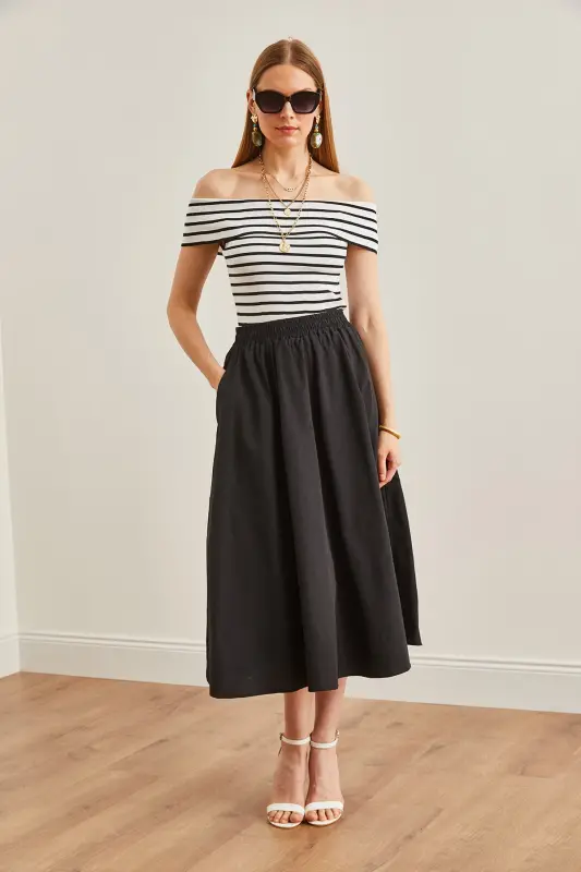 Kadın Siyah Cepli Beli Lastikli Midi Dokuma Çan Etek ETK-19000271-Siyah - 2