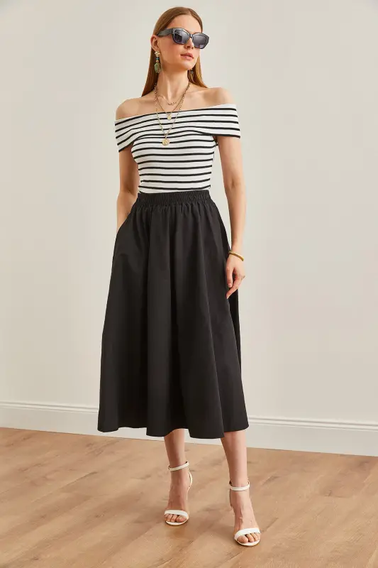 Kadın Siyah Cepli Beli Lastikli Midi Dokuma Çan Etek ETK-19000271-Siyah - 3