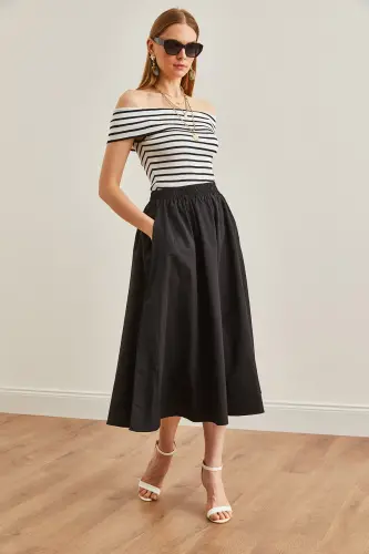 Kadın Siyah Cepli Beli Lastikli Midi Dokuma Çan Etek ETK-19000271-Siyah - 4