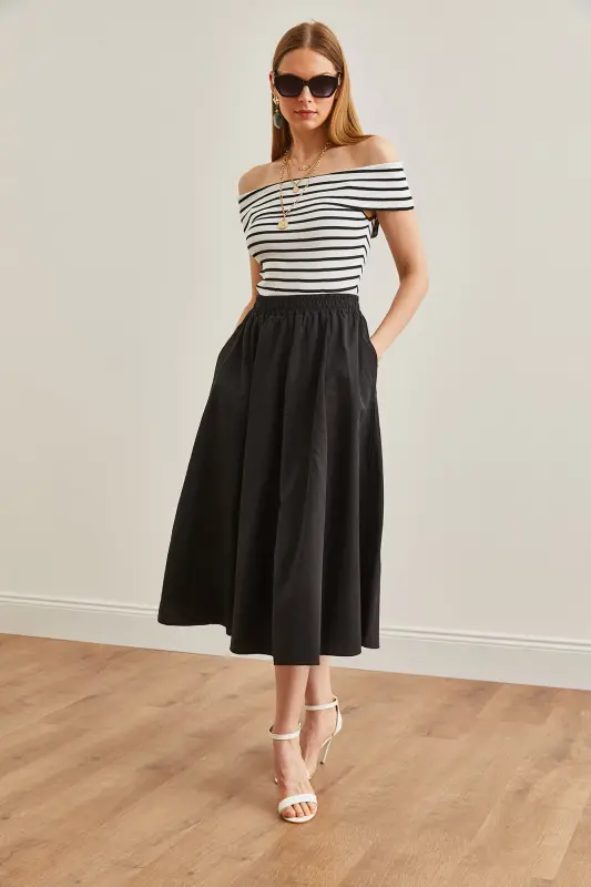 Kadın Siyah Cepli Beli Lastikli Midi Dokuma Çan Etek ETK-19000271-Siyah - 5