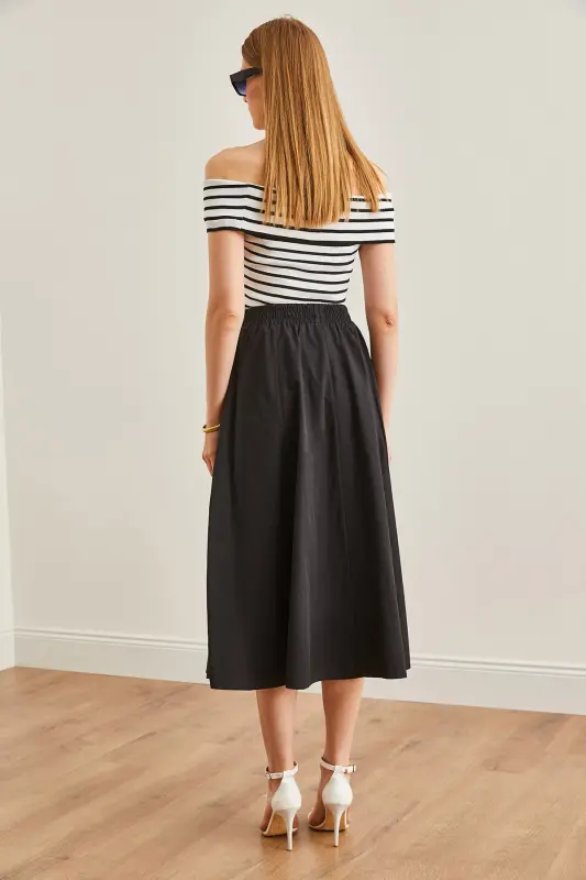 Kadın Siyah Cepli Beli Lastikli Midi Dokuma Çan Etek ETK-19000271-Siyah - 6