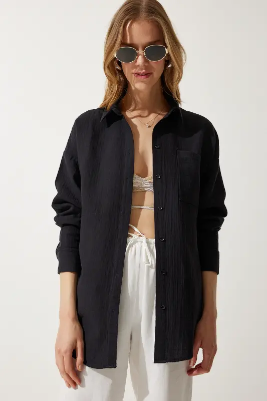 Kadın Siyah Cepli Oversize Müslin Gömlek MX00150 - Siyah - 5