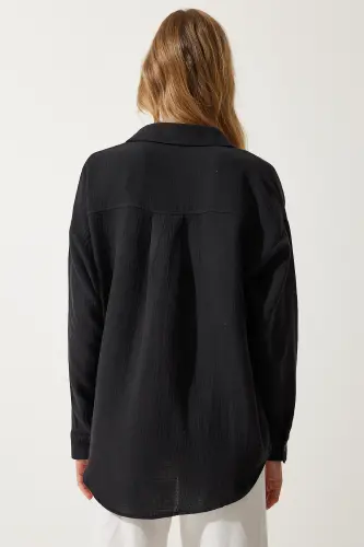 Kadın Siyah Cepli Oversize Müslin Gömlek MX00150 - Siyah - 8