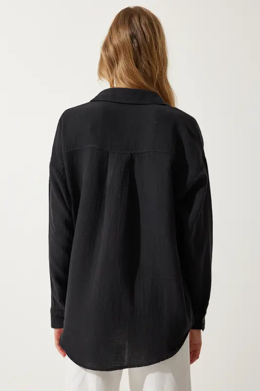 Kadın Siyah Cepli Oversize Müslin Gömlek MX00150 - Siyah - 8