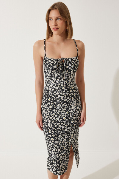 Schwarzes, geblümtes, geschlitztes Sommer-Strickkleid für Damen CI00029 - Schwarz 