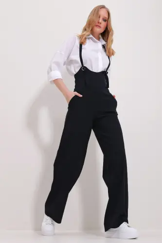 Kadın Siyah Çift Cepli Askılı Likralı Salopet Tulum Alc-X11539-SİYAH - TREND ALAÇATI STILI (1)