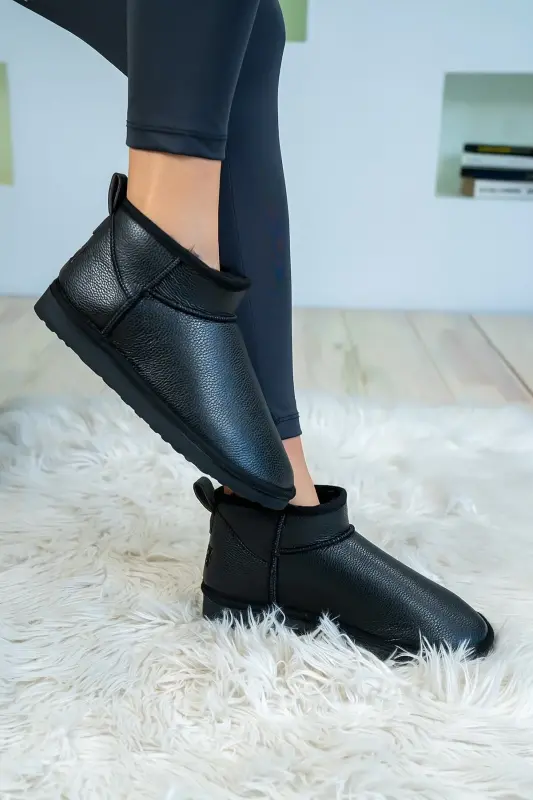Kadın Siyah Cilt Ultra Mini Bot Içi Kürklü Model Suni Deri Bot-Siyah Cilt - 4