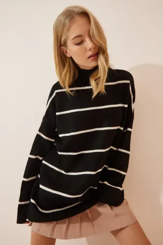 Kadın Siyah Çizgili Oversize Uzun Triko Kazak YY00087-Siyah - 1
