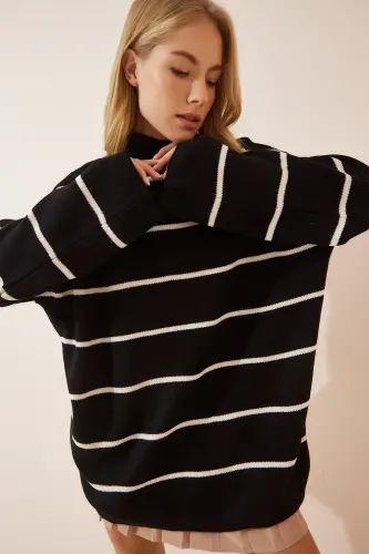 Kadın Siyah Çizgili Oversize Uzun Triko Kazak YY00087-Siyah - 3