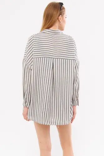 Kadın Siyah Çizgili Uzun Kol Cep Detaylı Pileli Oversize Gömlek ARM-24Y001057-Siyah - 5