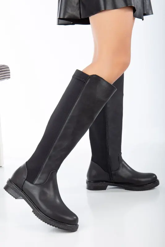 KADIN SİYAH DALGIÇ KUMAŞ DİZALTI ÇİZME FERMUARLI MODA-SİYAH - 1