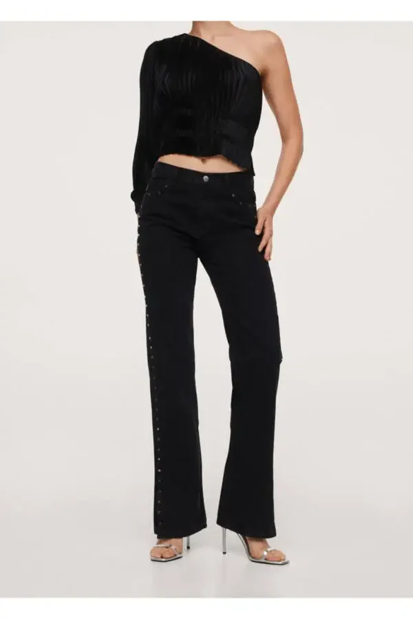 Kadın Siyah denim Zımbalı Düz Kesim Jean - 1