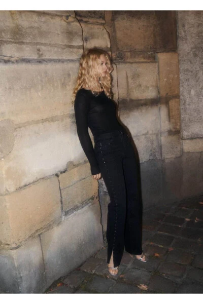 Kadın Siyah denim Zımbalı Düz Kesim Jean - 6