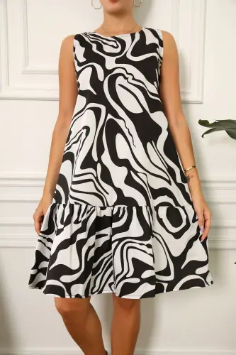 Kadın Siyah Desenli Eteği Fırfırlı Kolsuz Elbise ARM-23Y001052-SİYAH 