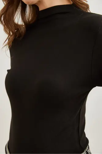Kadın Siyah Dik Yaka Dökümlü Soft Touch Bluz BLZ-19002758 - Siyah - 5