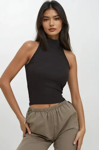 Kadın Siyah Dik Yaka Halter Kollu Kaşkorse Bluz ALC-X11497 - SİYAH 