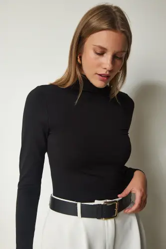 Kadın Siyah Dik Yaka Saran Esnek Örme Bluz UB00200-Siyah - 1