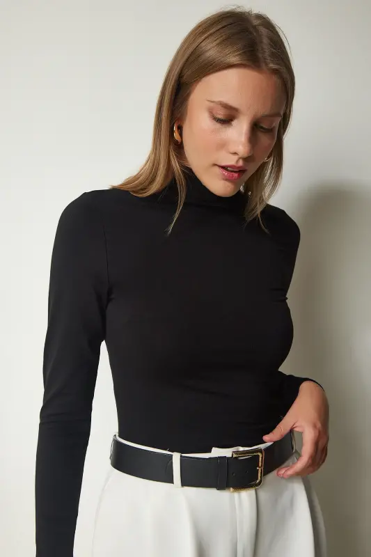 Kadın Siyah Dik Yaka Saran Esnek Örme Bluz UB00200-Siyah - 1