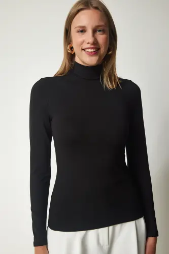 Kadın Siyah Dik Yaka Saran Esnek Örme Bluz UB00200-Siyah - 3