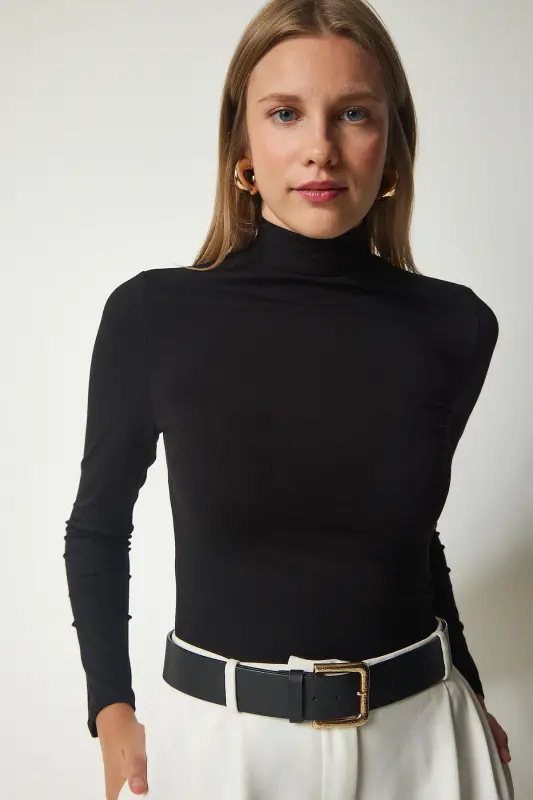 Kadın Siyah Dik Yaka Saran Esnek Örme Bluz UB00200-Siyah - 4