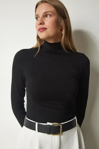 Kadın Siyah Dik Yaka Saran Esnek Örme Bluz UB00200-Siyah - HAPPINESS İSTANBUL (1)