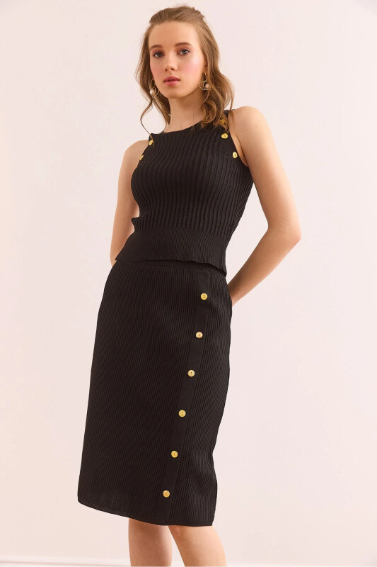 Kadın Siyah Düğme Detaylı Alt Üst Triko Takım TKM-19000367-Siyah - 1