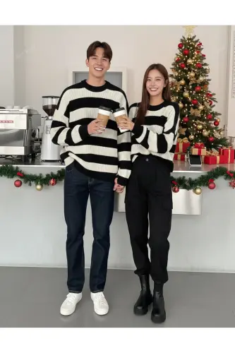 Kadın Siyah Ekru Çizgili Kazak Sevgili Kombini - 2'li parça- Triko Kazak Fmoda6001-Siyah - 1