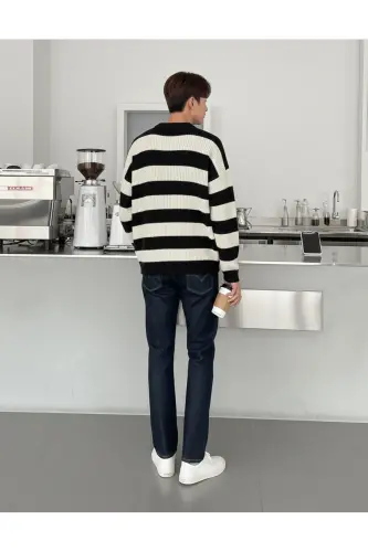 Kadın Siyah Ekru Çizgili Kazak Sevgili Kombini - 2'li parça- Triko Kazak Fmoda6001-Siyah - 5