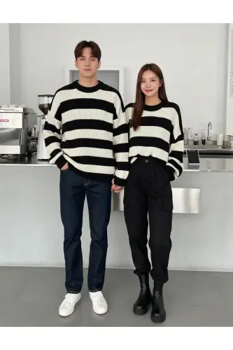 Kadın Siyah Ekru Çizgili Kazak Sevgili Kombini - 2'li parça- Triko Kazak Fmoda6001-Siyah - DIER MODA (1)