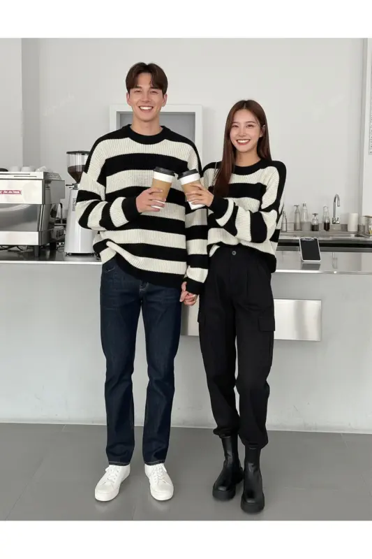 Kadın Siyah Ekru Çizgili Kazak Sevgili Kombini - 2'li parça- Triko Kazak Fmoda6001-Siyah - 3