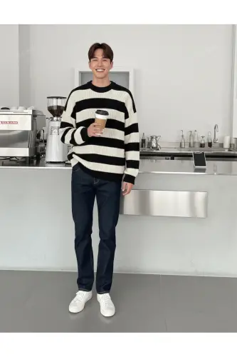 Kadın Siyah Ekru Çizgili Kazak Sevgili Kombini - 2'li parça- Triko Kazak Fmoda6001-Siyah - 4